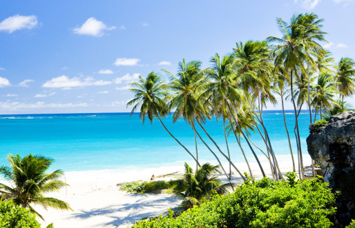 White sandy beach with palm trees and blue ocean in the Caribbean