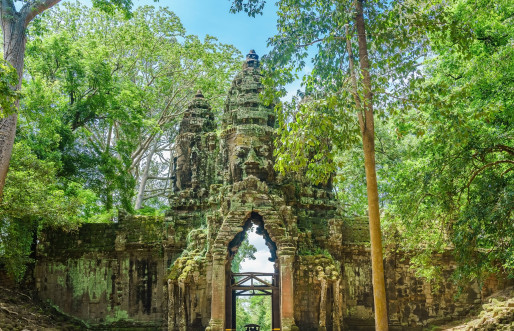 Exquisite Khmer architectural style showcased in the National Museum of Cambodia's beautiful courtyard in Phnom Penh City, Cambodia.