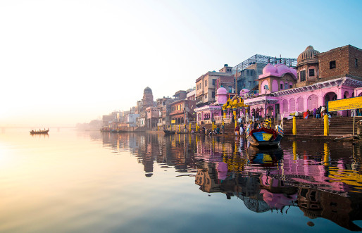 Colourful temples along the River Ganges, India