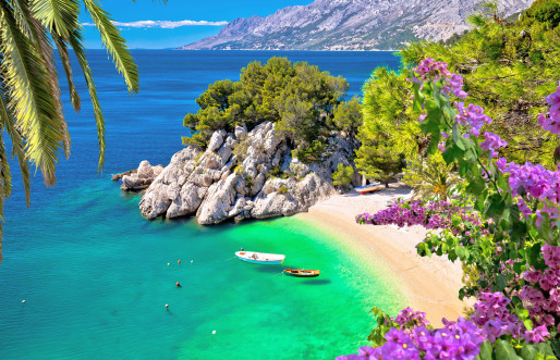 An aerial perspective of the tranquil Punta Rata beach in Brela, located along the Makarska Riviera in Dalmatia, Croatia.